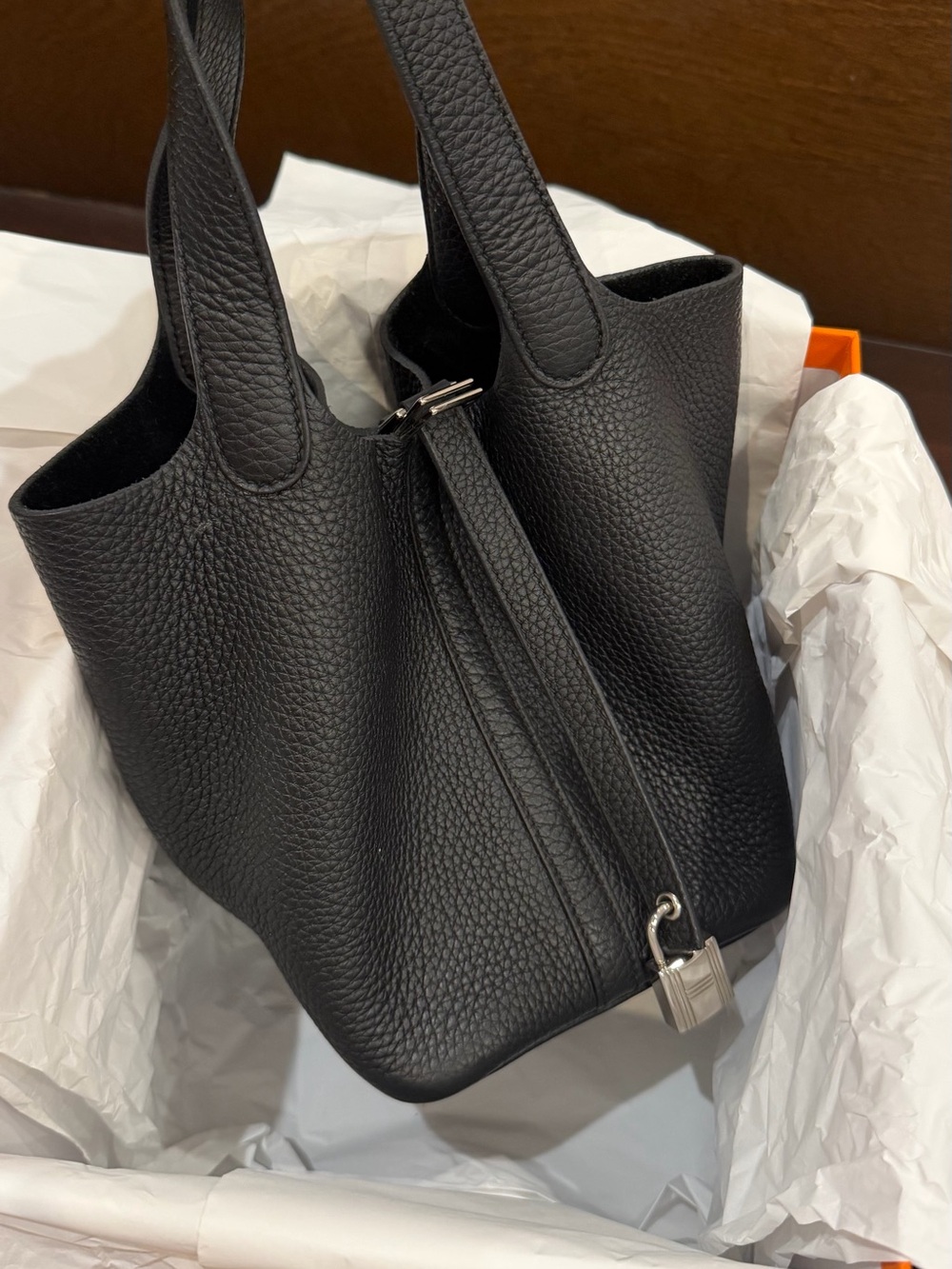 Hermes Black Pebbled Leather Tote with Silver Padlock Accent